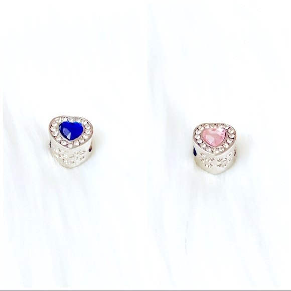 One Pink Gemstone And One Blue Silver Heart Bead - Picture 1 of 5